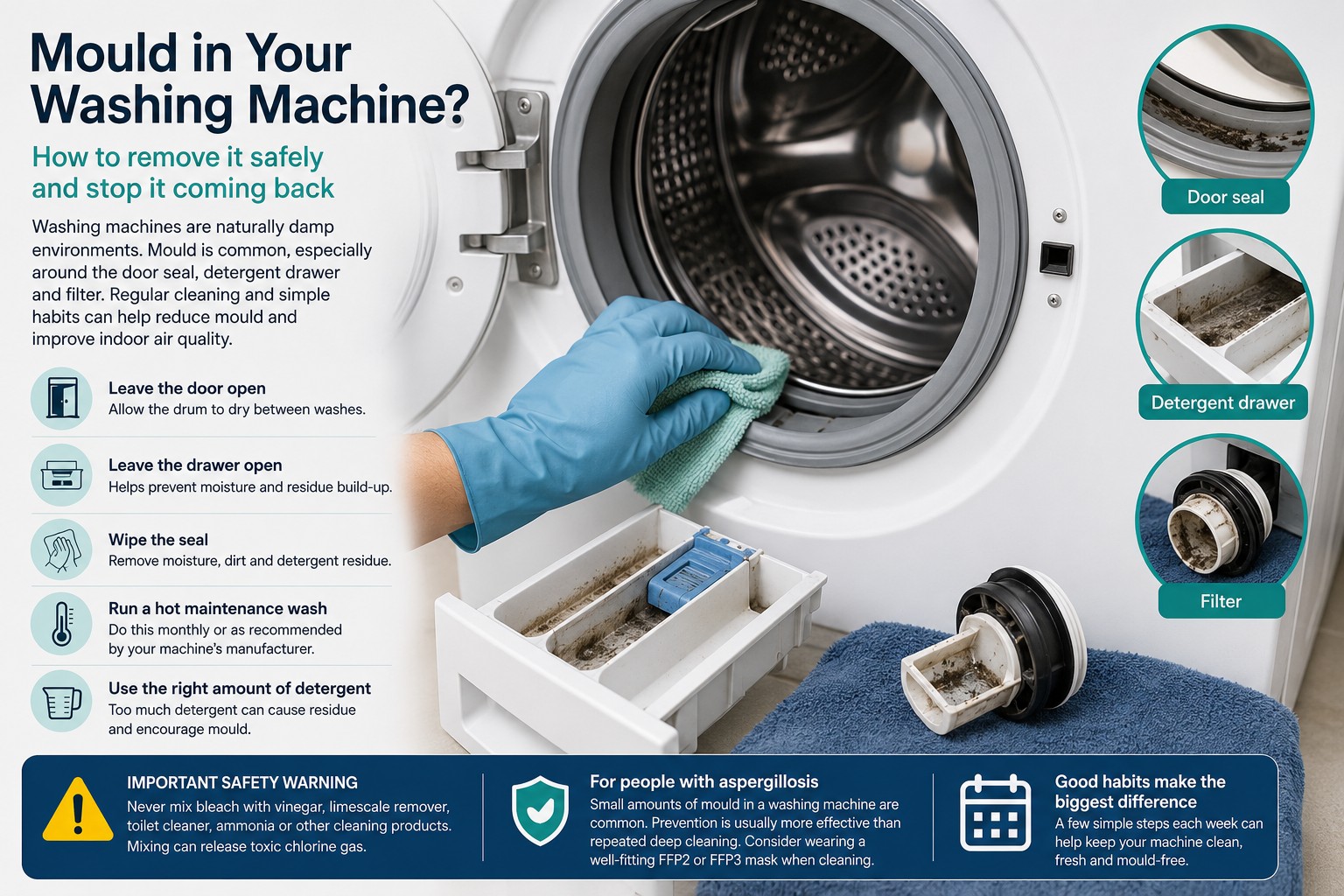 Removing mould from a front-loading washing machine by cleaning the rubber door seal to reduce moisture and help prevent mould growth in the home.