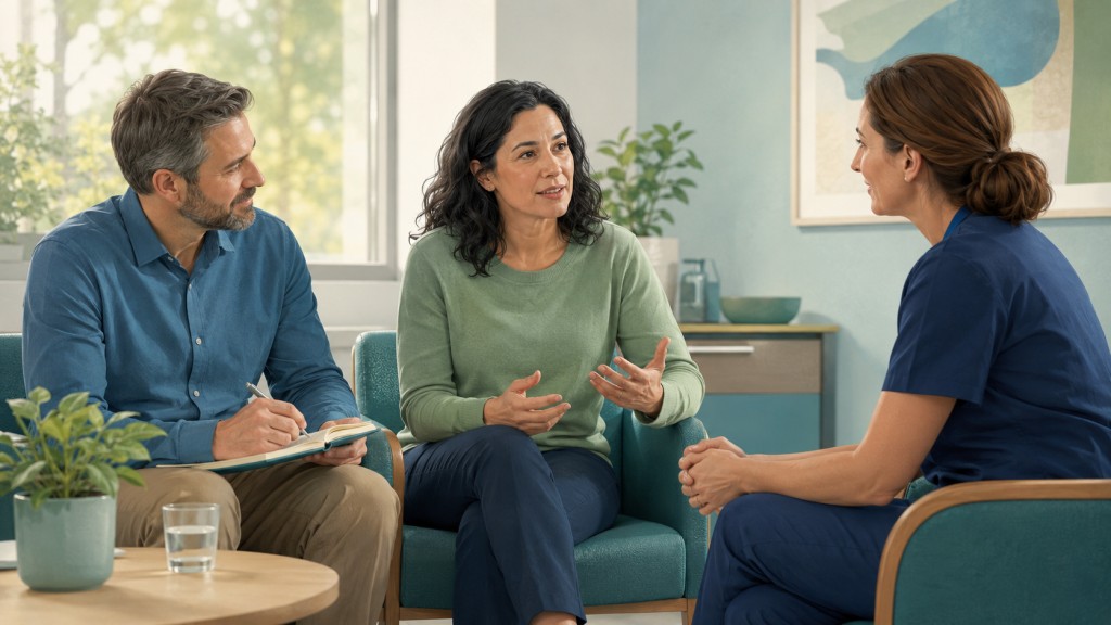 A patient speaking confidently with a healthcare professional while a companion takes notes during an appointment.