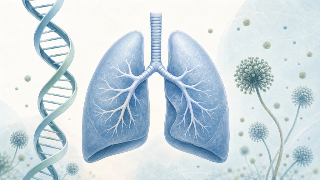 Illustration of lungs, a DNA strand and Aspergillus spores representing research into CFTR gene variants and ABPA