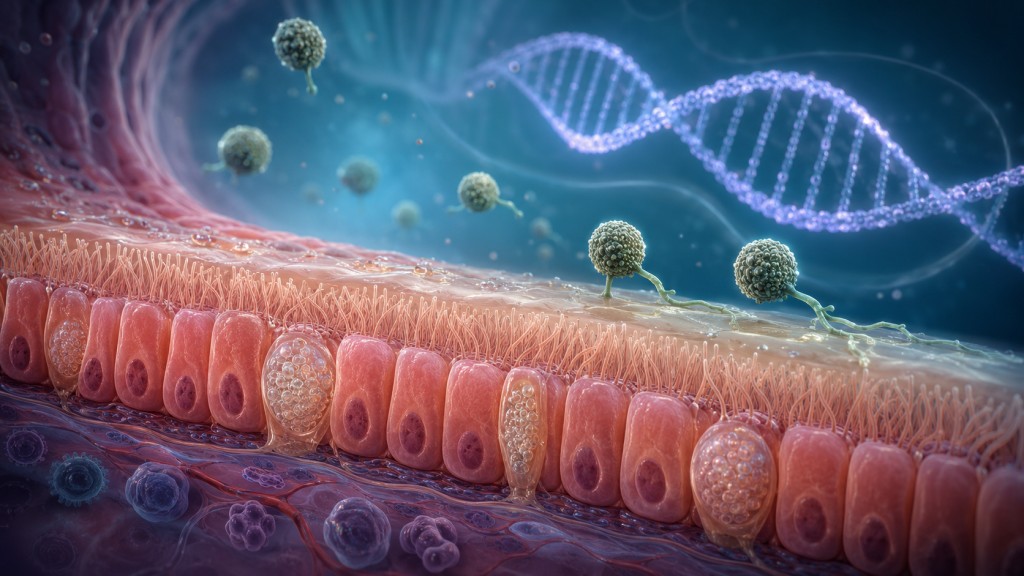 Illustration of Aspergillus fumigatus spores interacting with the bronchial airway lining beside a DNA strand representing the ZNF77 gene variant.