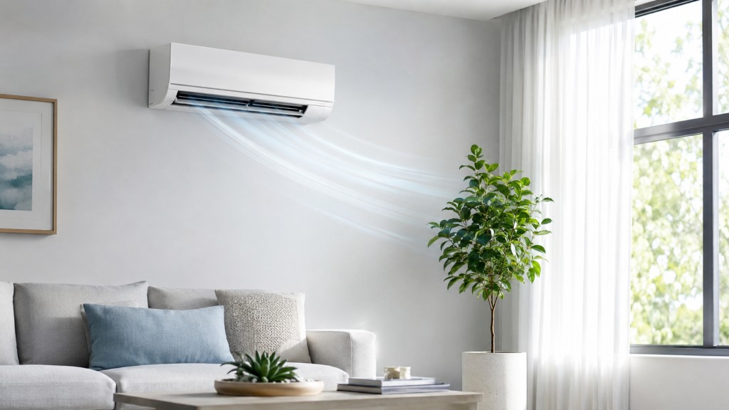 Clean, well-maintained wall-mounted air-conditioning unit operating in a bright living room