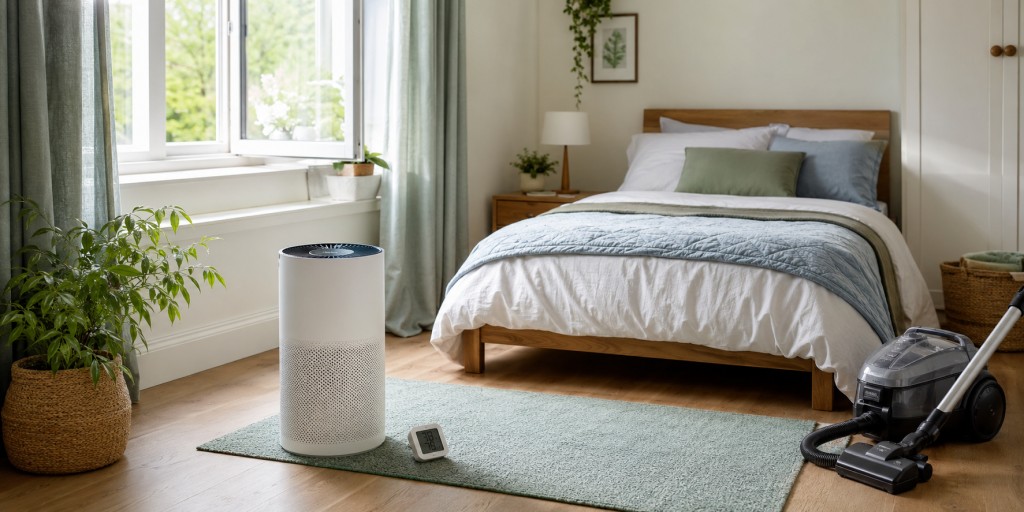 HEPA air cleaner, humidity monitor and filtered vacuum cleaner in a clean, ventilated bedroom