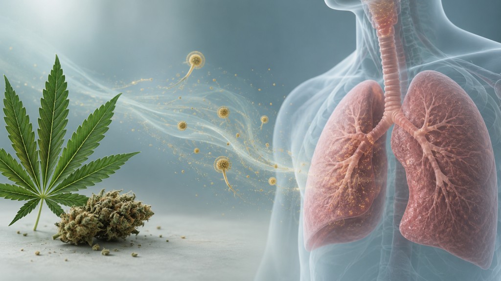 Cannabis leaf and dried flower beside an illustration of lungs, with airborne fungal particles between them. Caption: Cannabis can contain fun