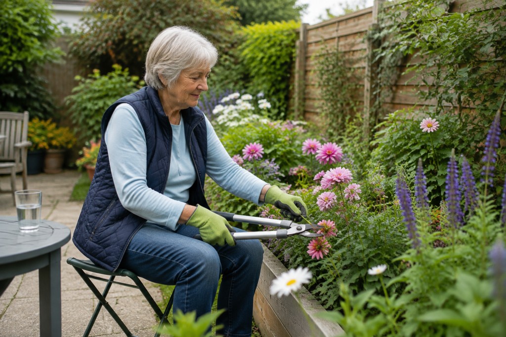 Older woman wearing gloves and gardening from a stool beside an established raised flower bed.