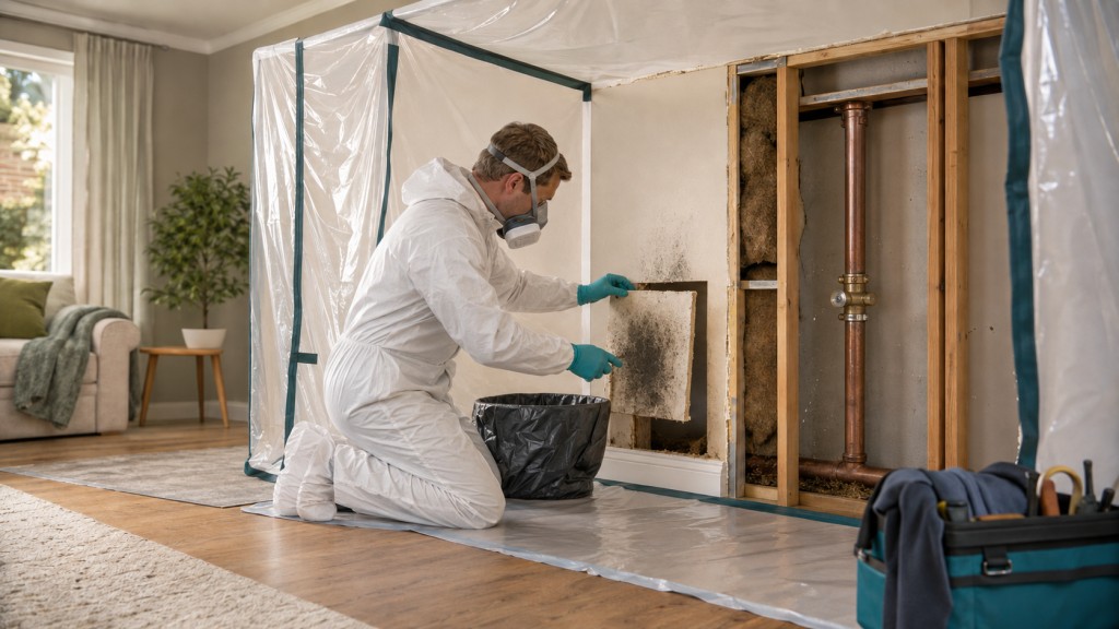 Professional safely removing mould-damaged plasterboard after repairing a leaking pipe