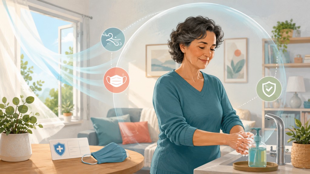 Person reducing respiratory infection risk through ventilation, handwashing, vaccination and mask use