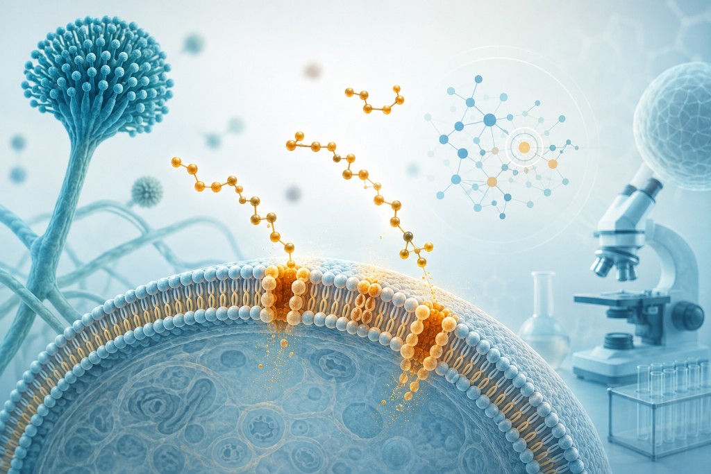 Scientific illustration showing amphotericin B disrupting an Aspergillus fungal cell membrane during research into antifungal resistance.