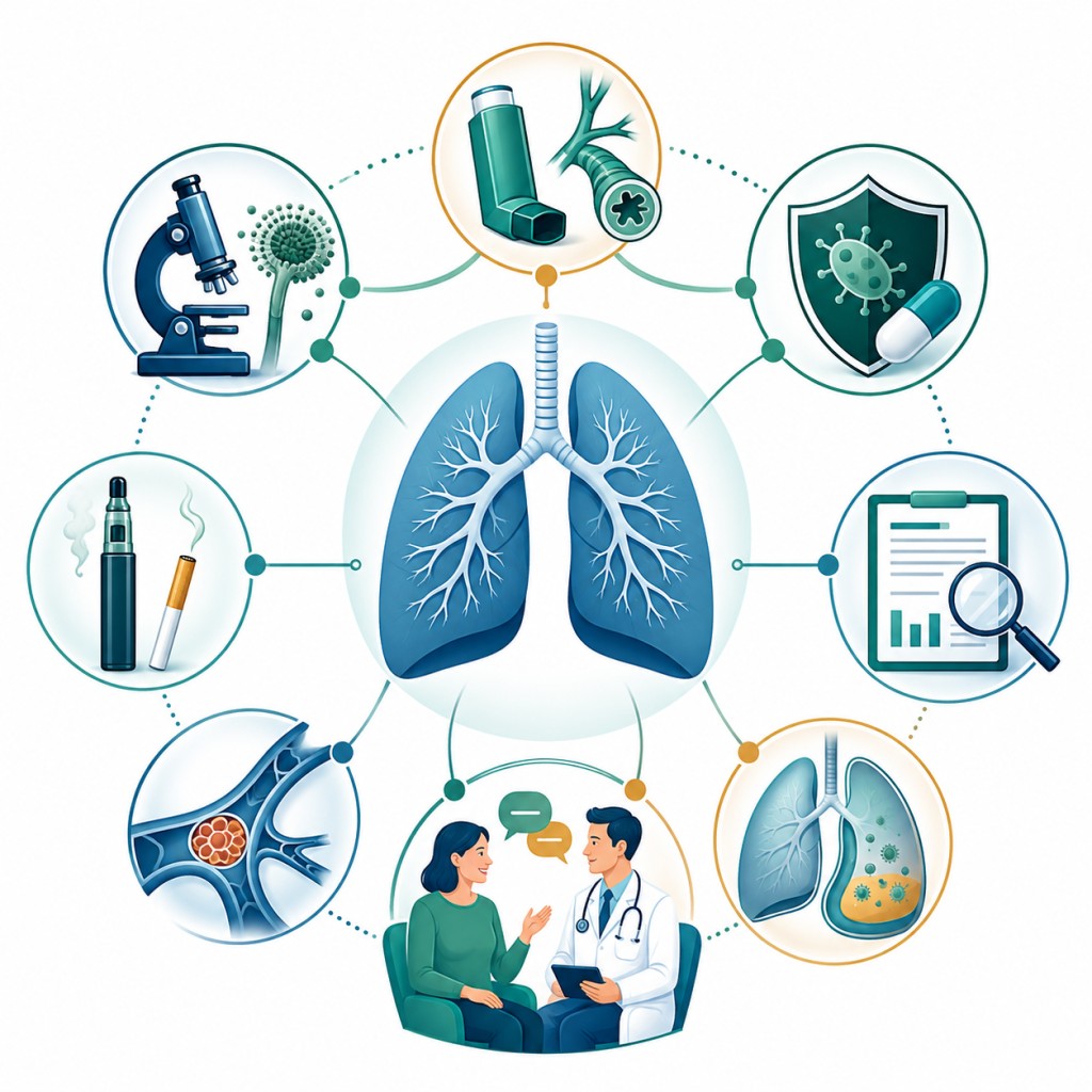 Illustration of lungs connected to icons representing respiratory research, infection, treatment and patient–clinician partnership