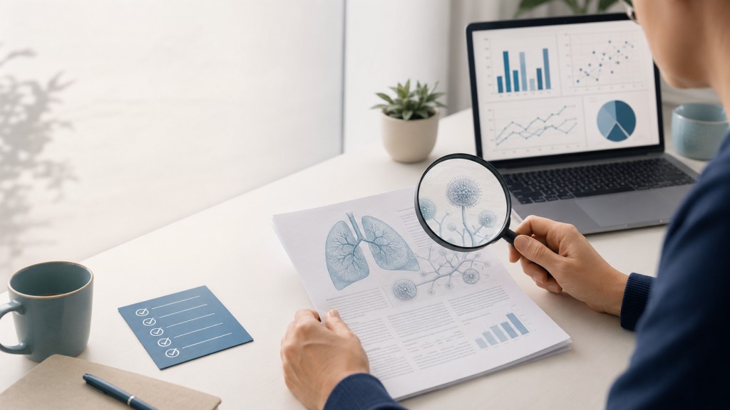 Person using a magnifying glass to assess an aspergillosis research paper with lung and fungal illustrations.
