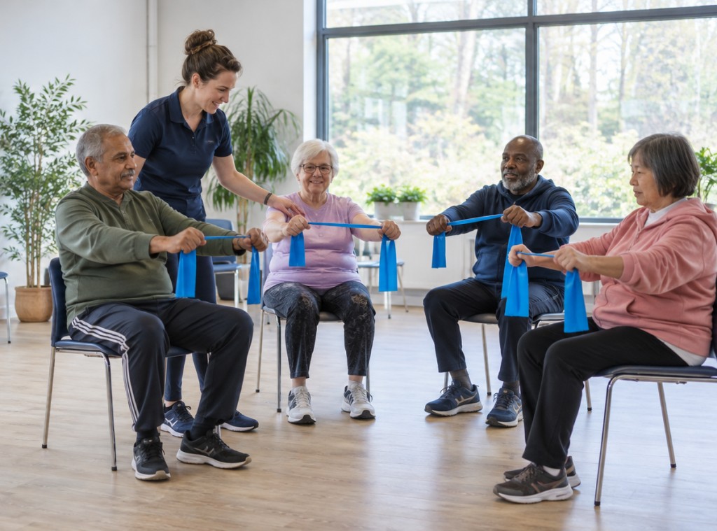 People taking part in seated pulmonary rehabilitation exercises with a physiotherapist
