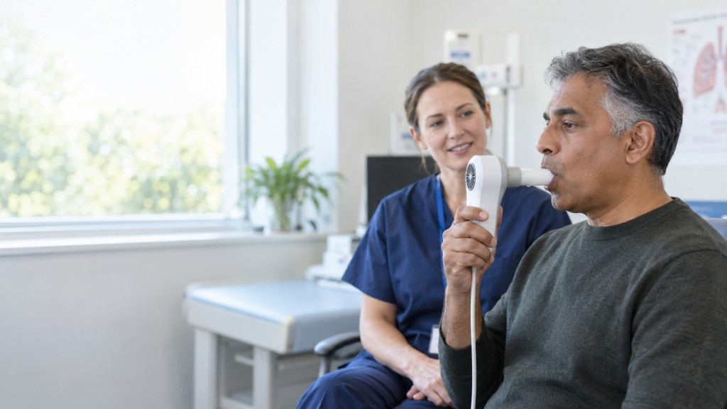 Patient having a spirometry lung function test with a healthcare professional 