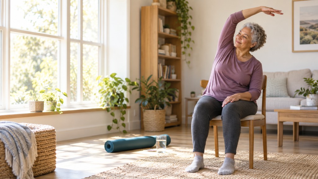 Person doing a gentle seated side stretch at home