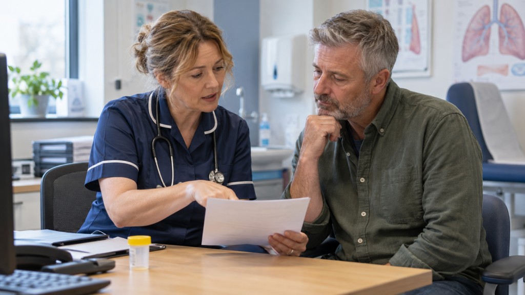 Respiratory nurse explaining a sputum test result to a patient during a clinic appointment