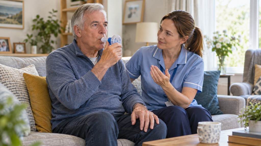 Man using a PEP breathing device at home while a respiratory physiotherapist guides him