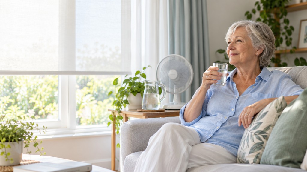 Older woman keeping cool and hydrated at home during hot weather, with shaded windows and a fan.