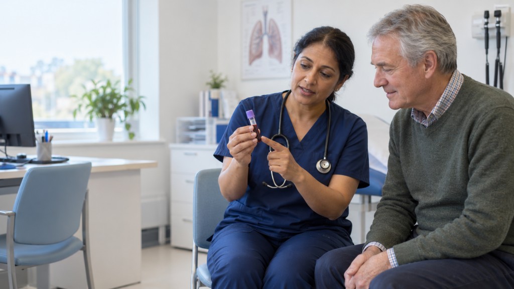 Clinician discussing a blood sample with a patient during a respiratory clinic appointment.
