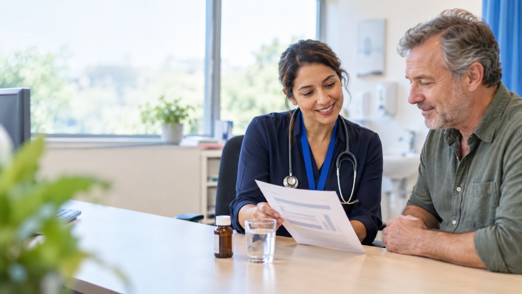 Clinician and patient reviewing routine blood-test results during an antifungal medication consultation.