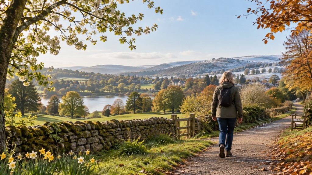 Person walking through a British countryside landscape showing spring flowers, summer greenery, autumn leaves and winter hills.