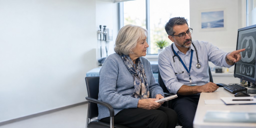 Respiratory specialist and patient reviewing a chest CT scan during a follow-up appointment for chronic pulmonary aspergillosis.