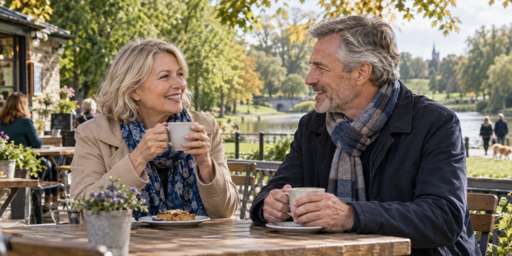 Two older adults talking outdoors at a café to reduce respiratory infection risk