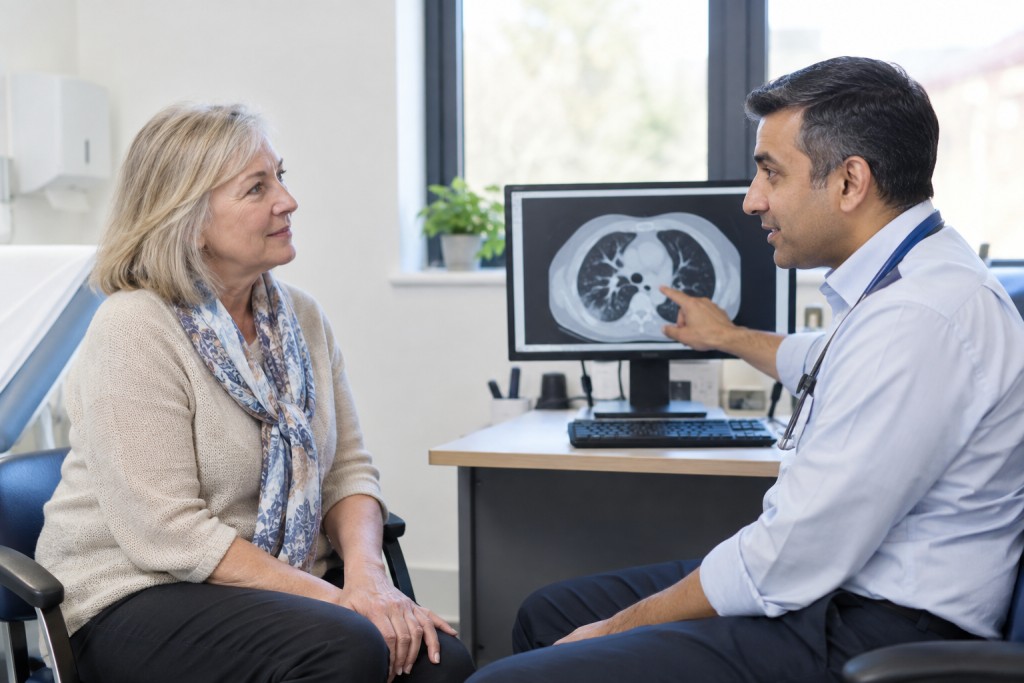 Respiratory clinician discussing a chest scan with a patient during an ABPA assessment