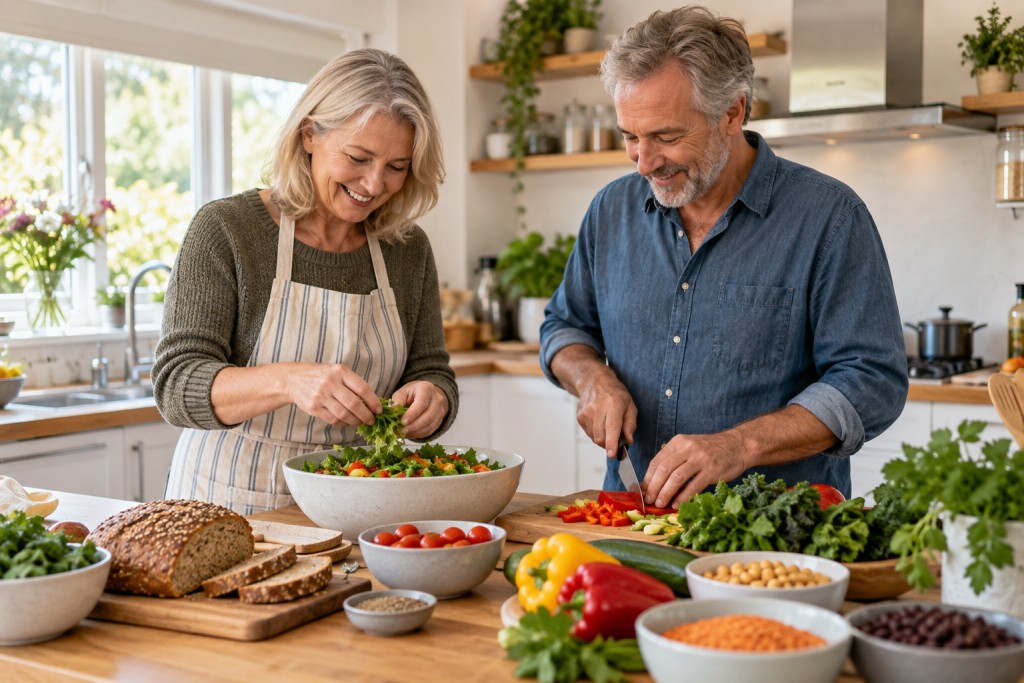 Couple preparing a balanced meal with vegetables, beans and wholegrain bread