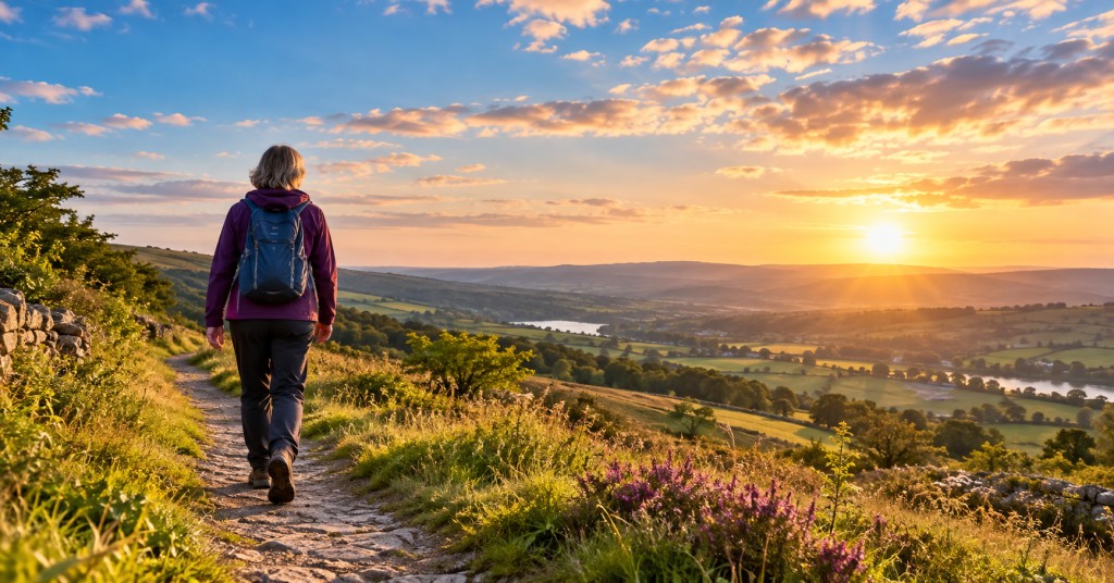 Person walking along a countryside path towards the setting sun, overlooking green hills and a valley.