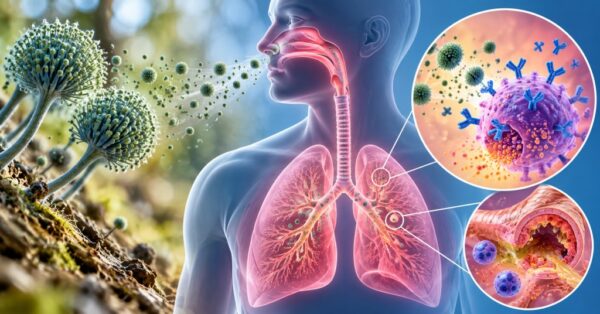 Medical illustration showing Aspergillus spores entering the lungs, triggering an IgE-mediated allergic response and airway inflammation.