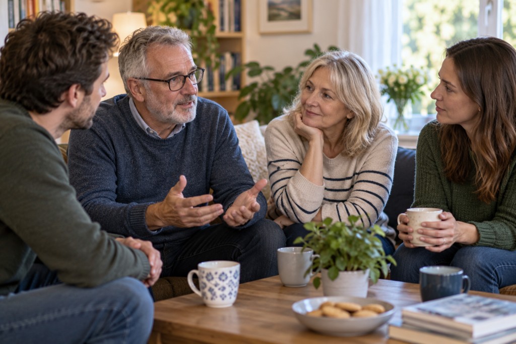 Family and friends talking together at home about living with aspergillosis.