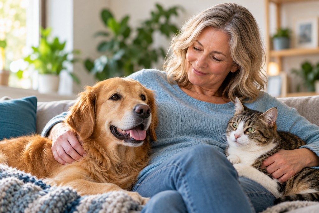 Woman relaxing at home with a golden retriever and a cat, illustrating the companionship pets provide.