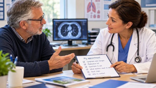 Patient discussing symptoms, medication and personal concerns with a respiratory clinician during a clinic appointment.
