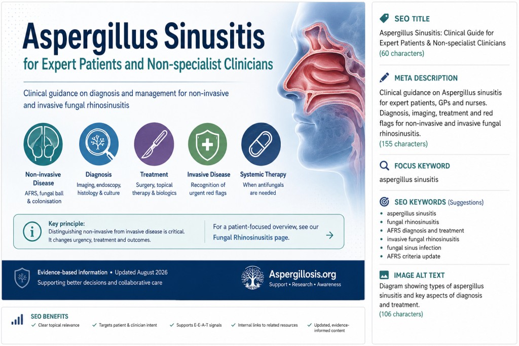 Medical illustration of Aspergillus sinusitis highlighting non-invasive disease, diagnosis, treatment and invasive fungal rhinosinusitis.