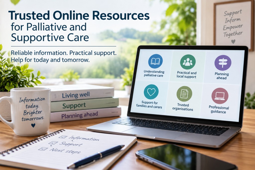 Laptop displaying trusted palliative and supportive care resources, including practical support, planning ahead and help for families and carers.