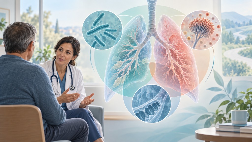 A clinician discusses NTM lung disease and aspergillosis with a patient, with an illustration of lungs, damaged airways, bacteria and Aspergillus.