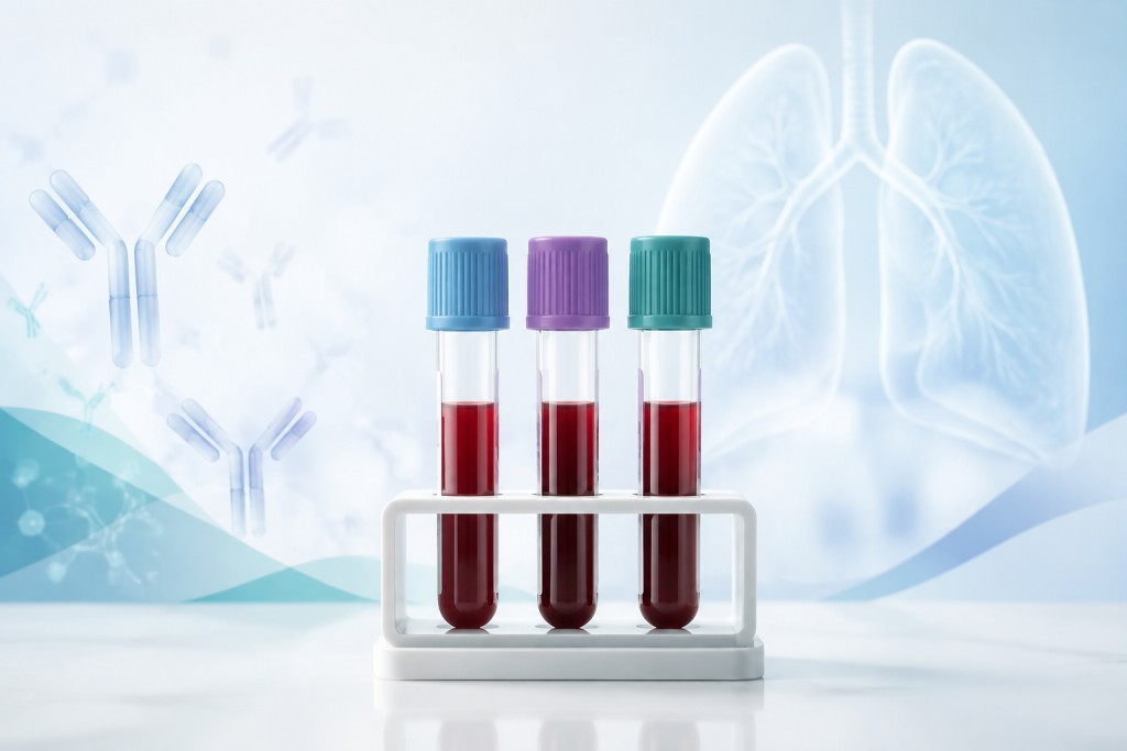 Blood test tubes representing Aspergillus IgE and IgG tests, with antibodies and lungs in the background