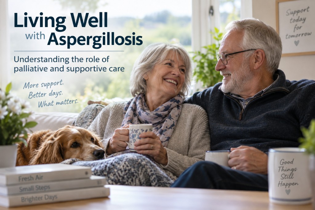 Older couple relaxing together at home, representing living well with aspergillosis and supportive care.