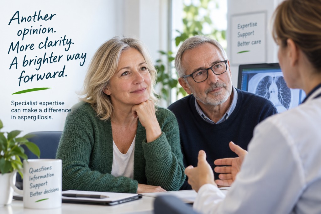 Patient and family member discussing aspergillosis with a specialist healthcare professional.
