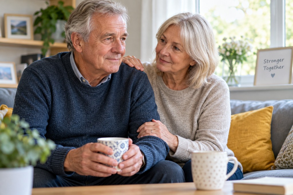 Older couple sitting together at home, representing support for a loved one with aspergillosis.