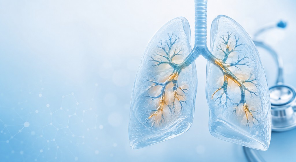 Illustration of lungs with airway mucus plugging, representing allergic bronchopulmonary aspergillosis diagnosis
