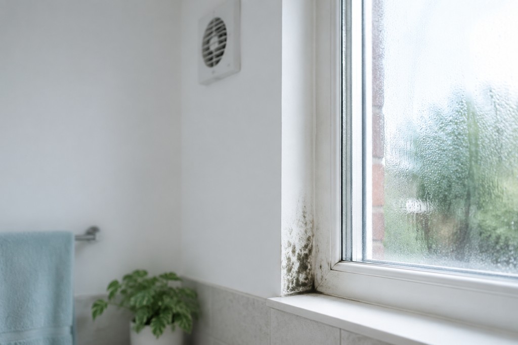 Condensation and mould around a home window, with ventilation in the background