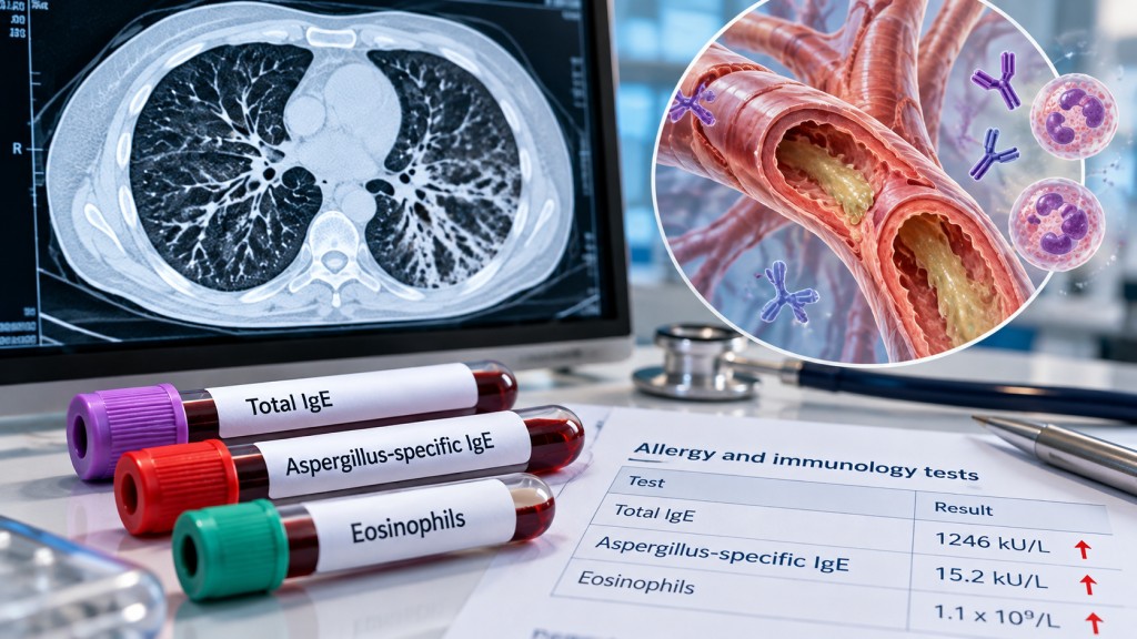 Medical illustration showing lung inflammation, a chest CT scan and blood tests for total IgE, Aspergillus-specific IgE and eosinophils.