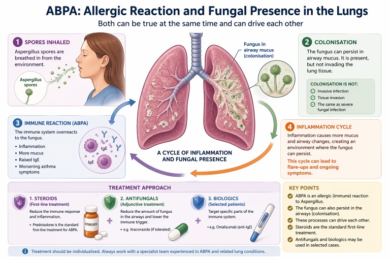 Infographic showing ABPA cycle: Aspergillus spores, airway colonisation, immune reaction, inflammation and treatments including steroids and antifungals
