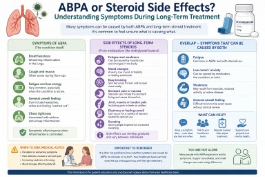 Infographic comparing symptoms of ABPA and long-term steroid side effects, including fatigue, mood changes, weakness and overlapping symptoms.