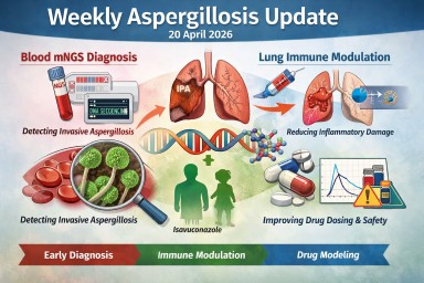 Infographic showing weekly aspergillosis research update April 2026 including blood mNGS diagnosis, lung immune modulation therapy, and isavuconazole drug modelling
