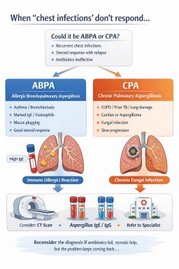 Recurrent chest infections not responding to antibiotics infographic showing ABPA and CPA pathways