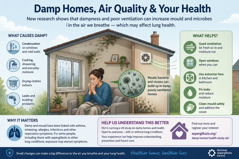 Infographic showing how damp homes and poor ventilation lead to mould, microbes and respiratory health problems
