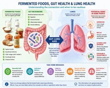 Fermented foods gut lung axis diagram showing microbiome, lungs, reflux and aspiration risks in chronic lung disease