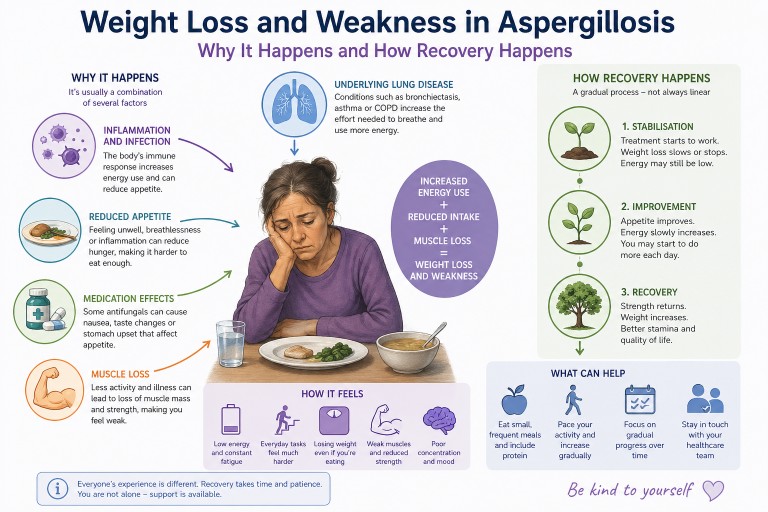 Infographic showing causes of weight loss and weakness in aspergillosis including inflammation, reduced appetite, medication effects and muscle loss, with stages of recovery.