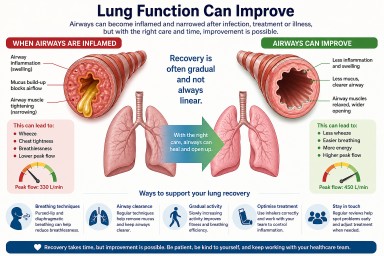 Diagram showing inflamed airway with mucus and narrowing compared to improved airway with clearer airflow and better lung function