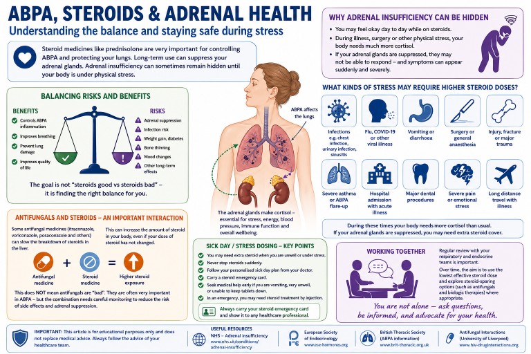 Infographic explaining adrenal suppression, cortisol, ACTH, steroid side effects and antifungal interactions in patients with ABPA and aspergillosis.
